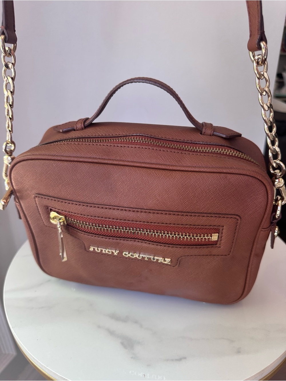 VINTAGE Y2K JUICY COUTURE Brown Leather Crossbody Shoulder Camera Bag Purse Gold